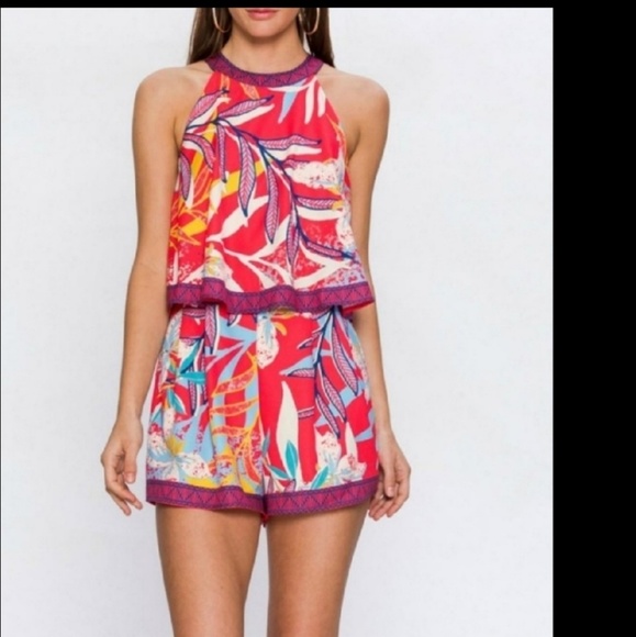 Flying Tomato Pants - Tropical Print Halter Style Romper
